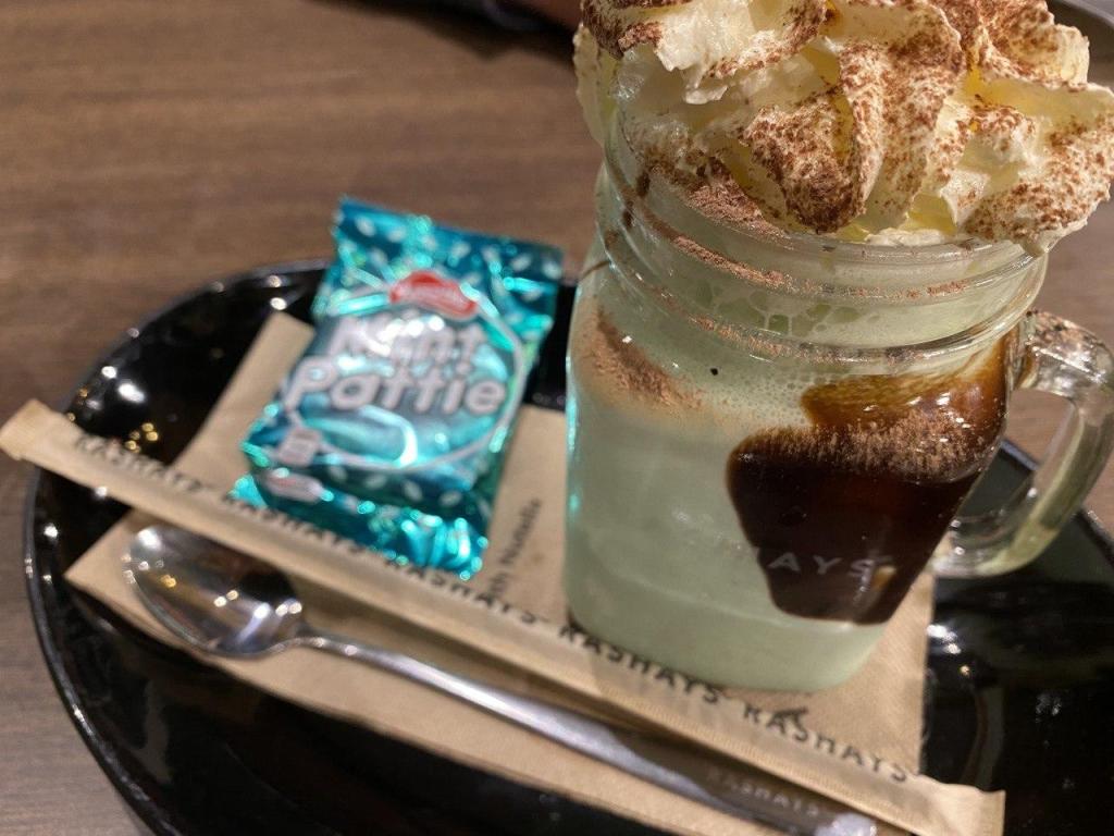 Mint Pattie, Minty Vanilla ice cream shake, whipped cream and Nestle Mint Pattie, 10 AUD